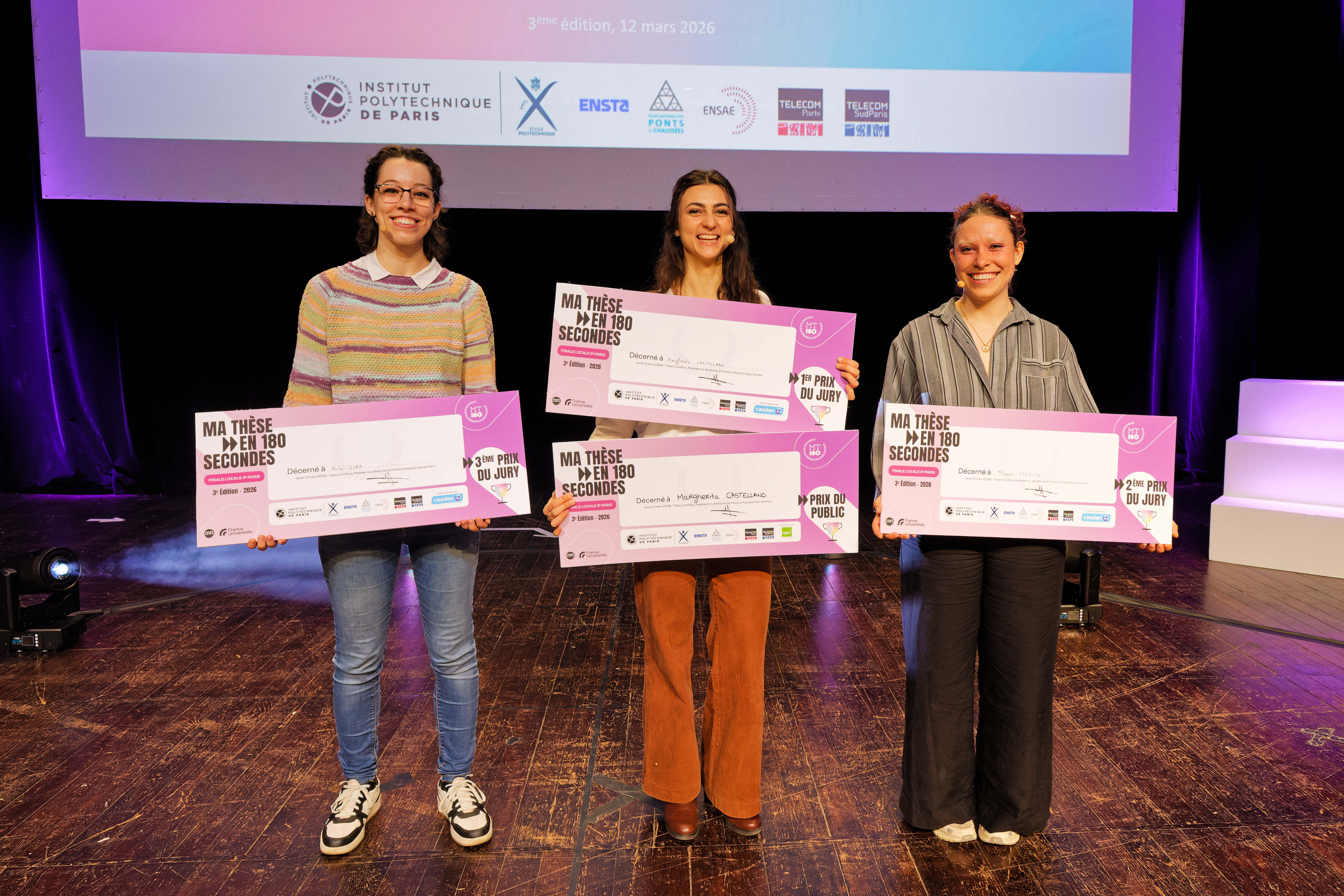 Les trois lauréates 2026. De gauche à droite : Kate Sorg, Margherita Castellano, Magali Korolev ©IP Paris - Alain de Baudus